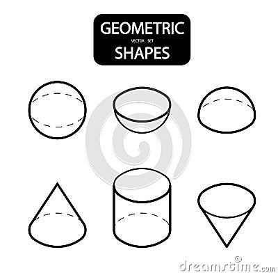 Set of 3D geometric shapes. Isometric views. The science of geometry and math. Linear objects isolated on white background. Outlin Cartoon Illustration