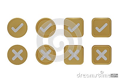 set of 3D gold Checkmark and X mark icon set. Checkmark right symbol, tick sign. check and uncheck for web and mobile apps. 3D Vector Illustration