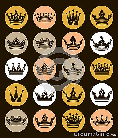 Set of 3d golden royal crowns isolated. Majestic classic Vector Illustration