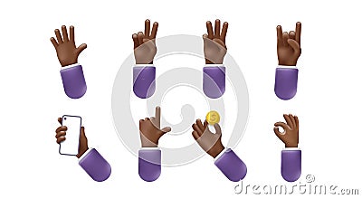 a set of 3d hand icons. Vector realistic gesture illustration, business clipart, dark hands isolated on white background Vector Illustration