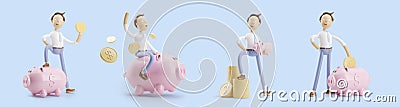 Cartoon character with coin and money box pig. set of 3d illustrations Cartoon Illustration