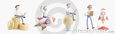 Cartoon character flies on a rocket into space. set of 3d illustrations. concept of creativity ind startup. Cartoon Illustration