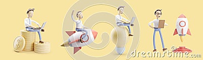 Cartoon character flies on a rocket into space. set of 3d illustrations. concept of creativity ind startup. Cartoon Illustration