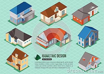 Set of 3d isometric private house icons for map building. Real estate concept. Vector Illustration