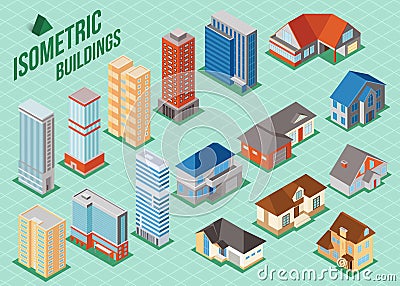 Set of 3d isometric private houses and tall buildings icons for map building. Real estate concept. Vector Illustration