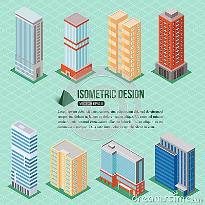 Set of 3d isometric tall buildings icons for map building. Real estate concept. Vector Illustration