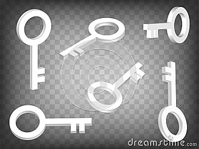 Set of 3d key on transparent background. Key 3d icon illustration with different views and angles. Vector Illustration