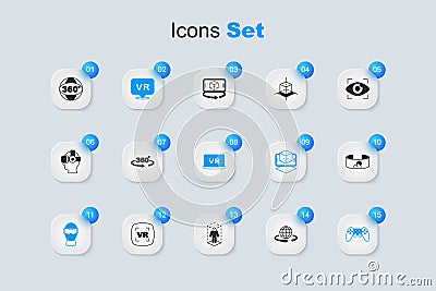 Set 3d modeling, 360 degree view, Virtual reality, glasses, Gamepad, and icon. Vector Vector Illustration