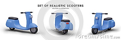 Set of 3D moto scooters, side view, front, back. Delivery service equipment Vector Illustration