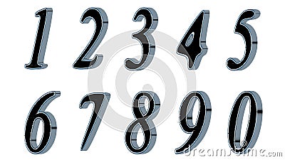 Set of 3D numbers. Black font with metallic sides, in white background. Isolated, easy to use. Stock Photo