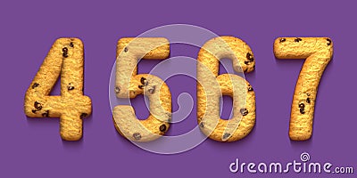 Set of 3d numbers made of biscuit, rendering, four, five, six, seven Stock Photo