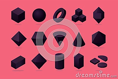 Set of 3d object. Basic polygone shapes. Isometric proection. Trendy design elements. Vector Illustration