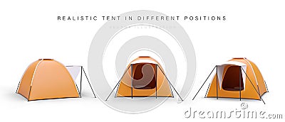 Set of 3D orange camping tents on white background. Folding house for camping Vector Illustration