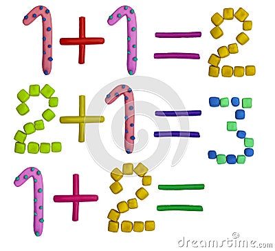 set of 3d plasticine math examples for kids. mathematics for children. funny colored numbers Stock Photo