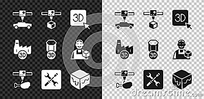 Set 3D printer car, cube, chicken leg, setting, Isometric, Printing house industry and icon. Vector Vector Illustration