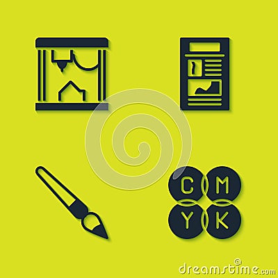 Set 3D printer, CMYK color mixing, Paint brush and News icon. Vector Vector Illustration