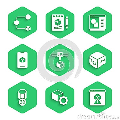 Set 3D printer cube, Isometric, software, and icon. Vector Vector Illustration