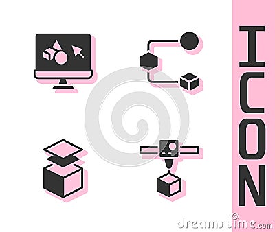 Set 3D printer cube, software, Layers and Isometric icon. Vector Stock Photo