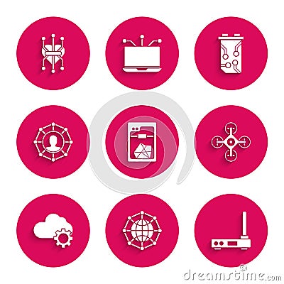 Set 3D printer, Global technology or social network, Router and wi-fi signal, Drone, Cloud data transfer storage Vector Illustration