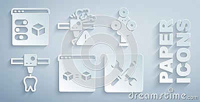 Set 3D printer perfect copy, scanner, tooth, setting, warning and icon. Vector Stock Photo