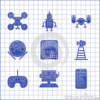 Set 3D printer, Robot, Computer api interface, Antenna, Remote control, vacuum cleaner, Drone flying with action camera Vector Illustration