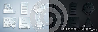 Set 3D printer, Robot vacuum cleaner, Printed circuit board PCB, Computer api interface and Factory conveyor system belt Vector Illustration