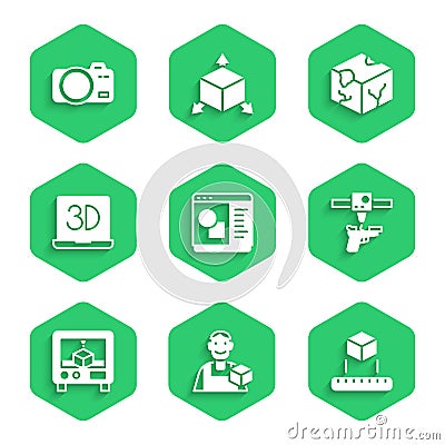 Set 3D printer software, Graphic designer, Isometric cube, gun, and Photo camera icon. Vector Vector Illustration