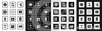 Set 3D printer warning, Isometric cube, Sketch on paper, chicken leg, software and icon. Vector Vector Illustration