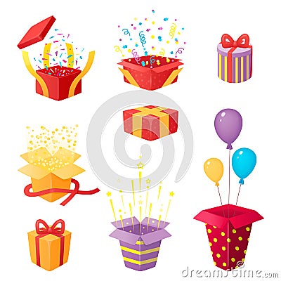Set of 3d prize boxes with confetti, stars and tinsel. Opened and closed surprises with ribbons. Gifts and party Vector Illustration