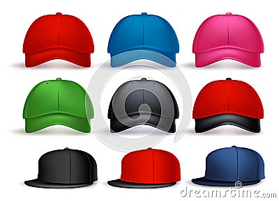 Set of 3D Realistic Baseball Cap for Man with Variety of Colors Vector Illustration