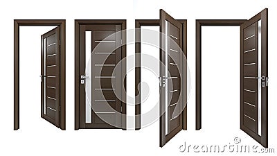 Set of 3D realistic doors with vertical glass stripe and horisontal wooden planks. High resolution texture of dark brown wood Stock Photo