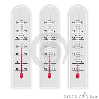 Set of 3d realistic illustration Temperature measurement isolated thermometer. Weather forecast meteorology, climate Vector Illustration