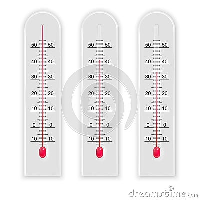 Set of 3d realistic illustration Temperature measurement isolated thermometer. Weather forecast meteorology, climate Vector Illustration