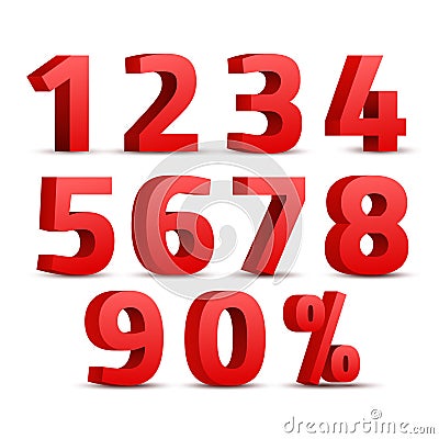 Set of 3D red numbers sign. 3D number symbol with percent discount design Vector Illustration