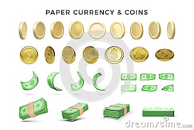 Set of 3D render gold coins and green paper currency. Wad of green dollars for business banners and concepts. Realistic money in Vector Illustration