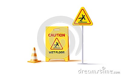 set of 3d render illustration of yellow plastic wet floor sign, slippery surface street sign with plastic cone Vector Illustration