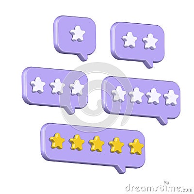 Set of 3d render style Speech bubbles with rating stars. Plastic icons of rank, feedback and opinion survey, service Vector Illustration