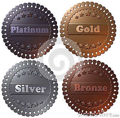 Set of 4 3D rendered medals, platinum gold silver and bronze. Stock Photo