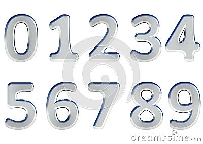 Set of 3D rendered numbers, 0-9. Silver glossy color on white background for easy use. Stock Photo