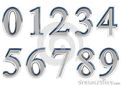 Set of 3D rendered numbers, 0-9. Silver glossy color on white background for easy use. Stock Photo