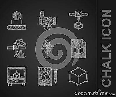 Set 3D scanner, Sketch on paper, Isometric cube, file, printer, warning, and icon. Vector Vector Illustration