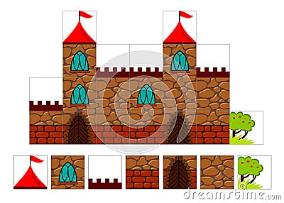 Set of 2d tileset for creating video game with medieval castle. Printable template for kids hardworking. Vector Illustration