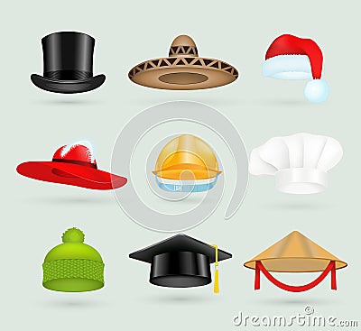 Set of 3d top hats different proffesions Vector Illustration