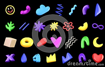 Set of 3D vector different multicolored abstract plastic shapes on dark color background. Various decorative bright Vector Illustration