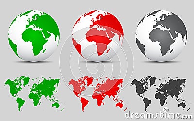 Set 3D Vector Globes with World Maps Vector Illustration