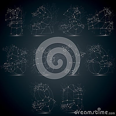 Set of 3d vector low poly monochrome numbers with white connected lines and dots, geometric wireframe luminescent font with Vector Illustration