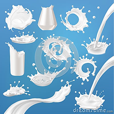 Set of 3D vector milk splash and pouring Vector Illustration