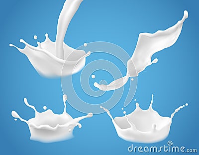 Set of 3D vector milk splash and pouring, realistic natural dairy products, yogurt or cream Vector Illustration