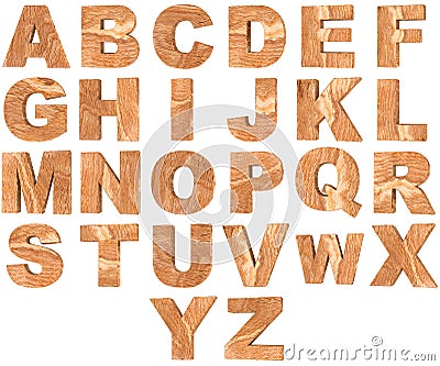 Set of 3D wooden English alphabet letters and Numbers from zero to nine isolated on white background. Stock Photo