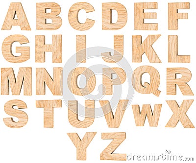 Set of 3D wooden English alphabet letters and Numbers from zero to nine isolated on white background. Stock Photo